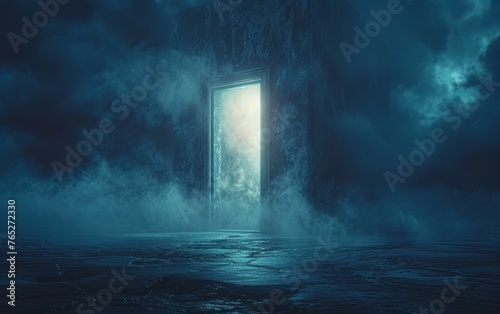 In the perpetual darkness of the dim chamber  a gleaming gateway beckons with its luminous glow  tempting anyone brave enough to question their perception of the world.
