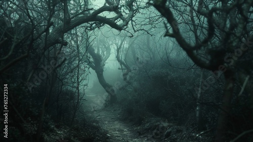 A dark and hazy forest with branches and vines obscuring the path symbolizes the struggle of facing unknown challenges in diminished visibility. photo