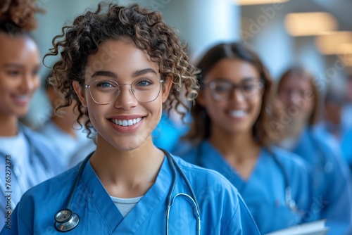 A team of nurses in electric blue scrubs are standing in the hallway, smiling and happy after a successful event. Their glasses reflect their service and dedication to science photo