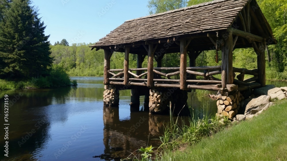 a river rock knee wall, on the banks of a pond surrounded by lush landscaping