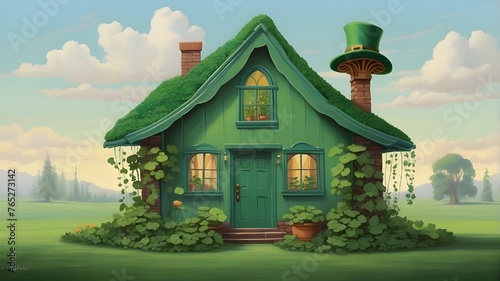 A humorous depiction of a green house, complete with a leprechaun's hat and clover, that perfectly captures the essence of St. Patrick's Day photo