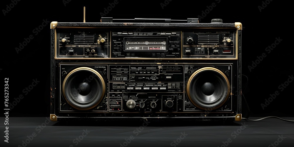 Vintage 1980s boombox radio against a black background showcasing its retro design and nostalgic appeal. Concept Vintage Electronics, 1980s Design, Retro Boombox, Nostalgic Appeal, Black Background