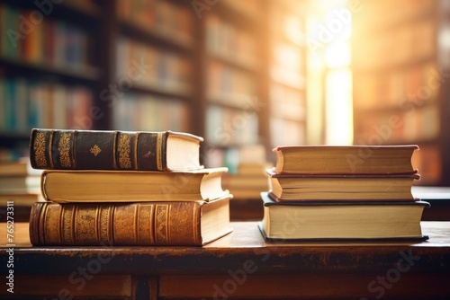 Old book in library with open textbook, stack piles of literature text archive on reading desk, in school study class room background for academic education learning concept - generative ai photo