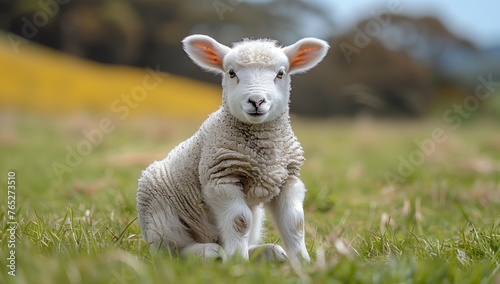 A terrestrial animal, a baby sheep, is sitting in the grassland, its ear perked up and eye fixated on the camera in the natural landscape © RichWolf