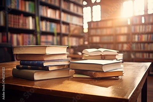Old book in library with open textbook, stack piles of literature text archive on reading desk, in school study class room background for academic education learning concept - generative ai photo