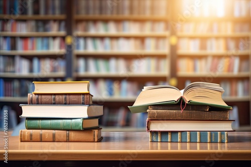 Old book in library with open textbook, stack piles of literature text archive on reading desk, in school study class room background for academic education learning concept - generative ai photo