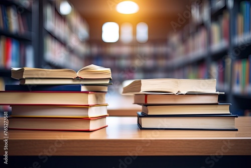 Old book in library with open textbook, stack piles of literature text archive on reading desk, in school study class room background for academic education learning concept - generative ai