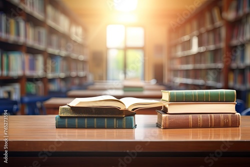 Old book in library with open textbook, stack piles of literature text archive on reading desk, in school study class room background for academic education learning concept - generative ai photo