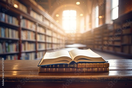 Old book in library with open textbook, stack piles of literature text archive on reading desk, in school study class room background for academic education learning concept - generative ai photo