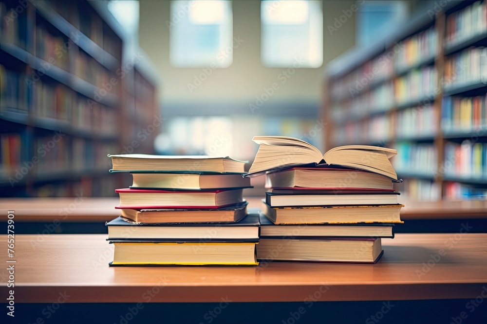 Old book in library with open textbook, stack piles of literature text archive on reading desk, in school study class room background for academic education learning concept - generative ai Old book in library with open textbook, stack piles of literature text archive on reading desk, in school study class room background for academic education learning concept - generative ai