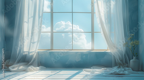 white gauze curtains, white countertops, light blue sky outside the window. AI generative