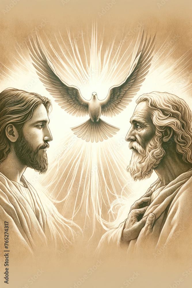 The Holy Trinity: the Father, the Son, and the Holy Spirit. Digital illustration. Trinity Sunday. - obrazy, fototapety, plakaty 