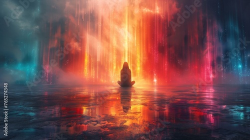 A figure sitting in meditation with colorful beams of light radiating from their head signifying the awakening of their innermost desires and potentials.