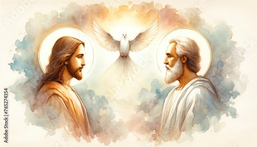 The Holy Trinity: the Father, the Son, and the Holy Spirit. Digital watercolor painting.