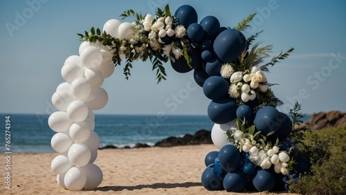 white navy blue balloon arch with florals and foliage closeup wedding