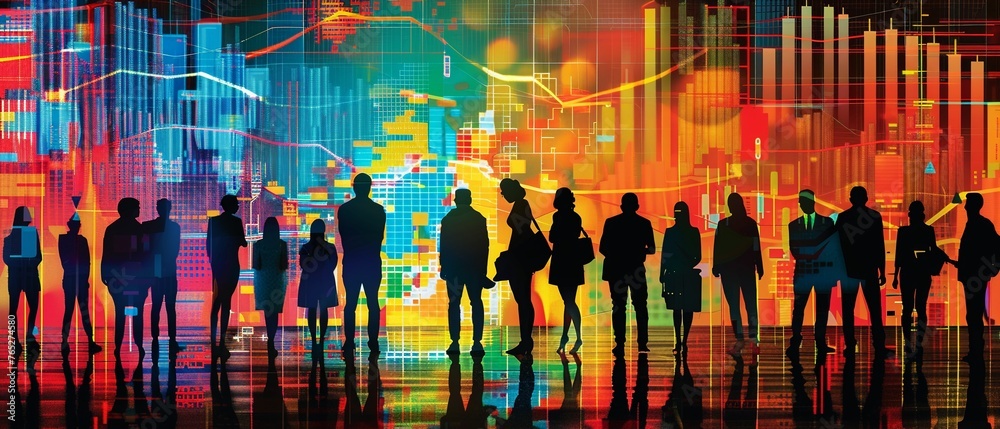 A panoramic view of a diverse group of people silhouetted against a backdrop of colorful financial market data charts and graphs. A panoramic view of a diverse group of people silhouetted against a backdrop of colorful financial market data charts and graphs.