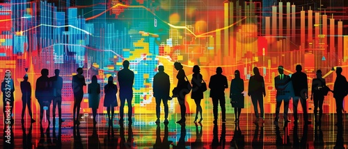 A panoramic view of a diverse group of people silhouetted against a backdrop of colorful financial market data charts and graphs.
