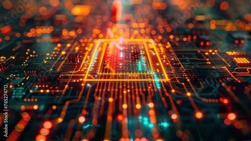 A vibrant glowing image of an electronic circuit with a central processor chip photo