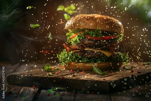 An epic stylized advertise photo of a gourmet burger bursting energetically from a rustic wooden board along with lettuce