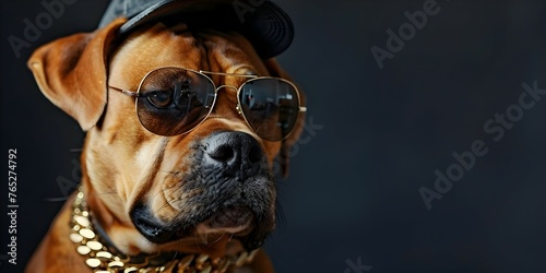 A Dog with Sunglasses, Baseball Cap, and Gold Chain Striking a Hip Hop Pose. Concept Dog Portraits, Pet Outfit Inspiration, Hip Hop Style, Fun Photoshoot Ideas