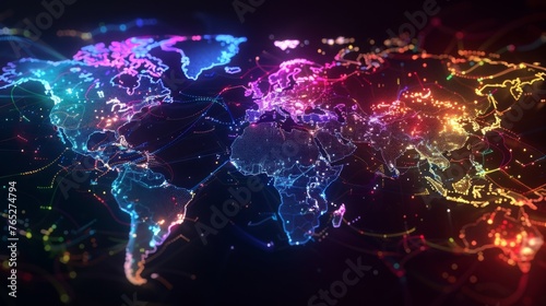 A vibrant world map is displayed in darkness, showcasing its diverse colors and countries with a striking contrast.