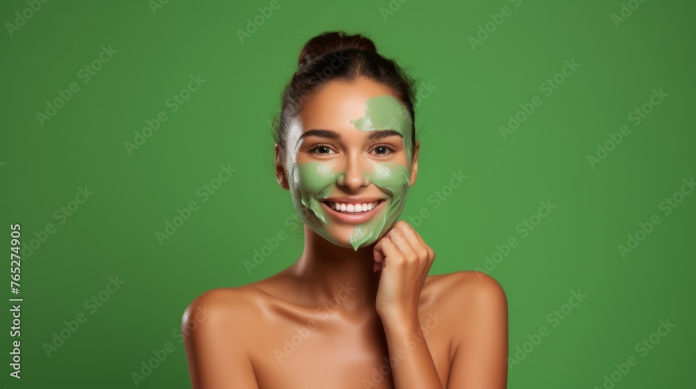 Radiant Beauty. Young Women with Glowing Skin, Skincare Routine, Mask, cream. Portrait on Green Background Radiant Beauty. Young Women with Glowing Skin, Skincare Routine, Mask, cream. Portrait on Green Background