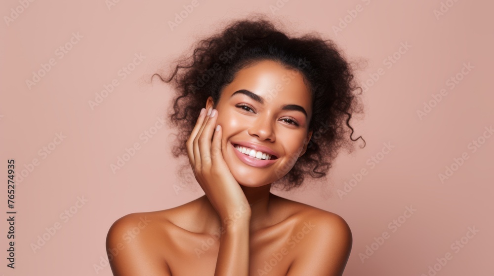 Obraz premium Radiant Beauty. Young Women with Glowing Skin, Skincare Routine, Mask, cream. Portrait on Pink Background