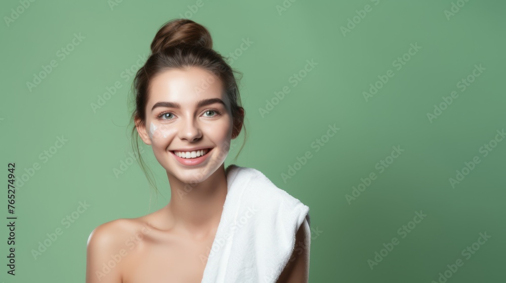 Radiant Beauty. Young Women with Glowing Skin, Skincare Routine, Mask, cream. Portrait on Green Background Radiant Beauty. Young Women with Glowing Skin, Skincare Routine, Mask, cream. Portrait on Green Background