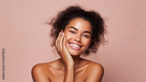 Radiant Beauty. Young Women with Glowing Skin, Skincare Routine, Mask, cream. Portrait on Pink Background