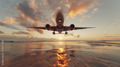 Airplane flying low above the summer beach at sunset