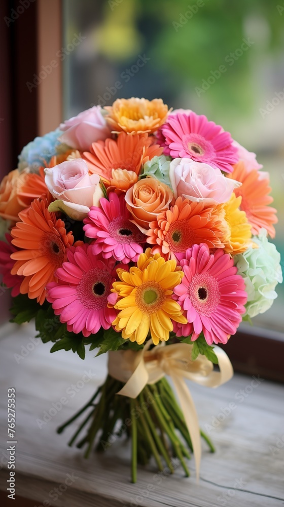A burst of color with a vibrant mixed bouquet of gerbera daisies and roses