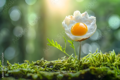 Blume im Wald, Blüte in Form eines Frühstücksei, Rohes Eigelb, Konzept gesundes und nachhaltiges Frühstück