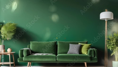 3D rendering. Green sofa and chairs on a green wall with bookshelves. Scandinavian home interior design modern living room with green plants.