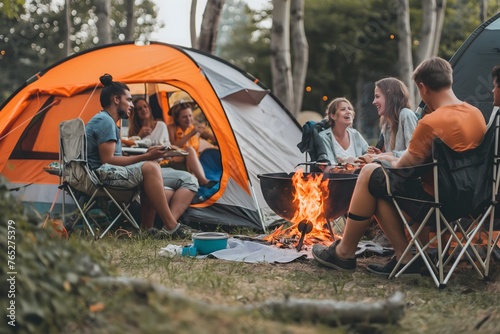 Eine Gruppe junger Menschen bei einem Campingausflug, Konzept Camping photo