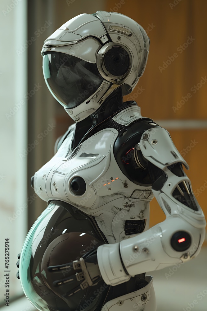 Humanoider Cyborg mit Kind im Bauch, Konzept schwangerer Roboter zur Leihmutterschaft Humanoider Cyborg mit Kind im Bauch, Konzept schwangerer Roboter zur Leihmutterschaft