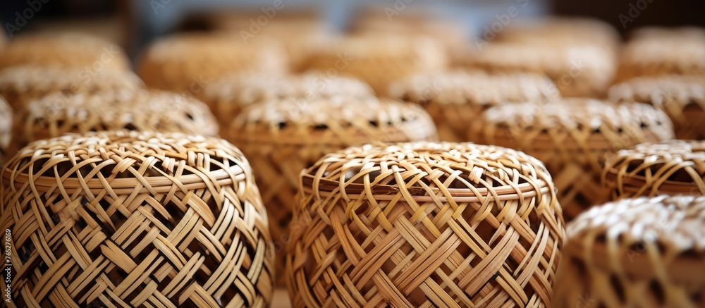 A stack of wicker storage baskets made of natural wood material, with intricate patterns, displayed on a table. Perfect for organizing ingredients or serving at an event