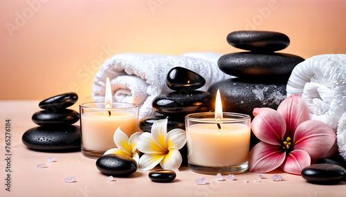 Spa Konzept, Aroma Kerzen mit Dekoration, Blumen und Hot Stones