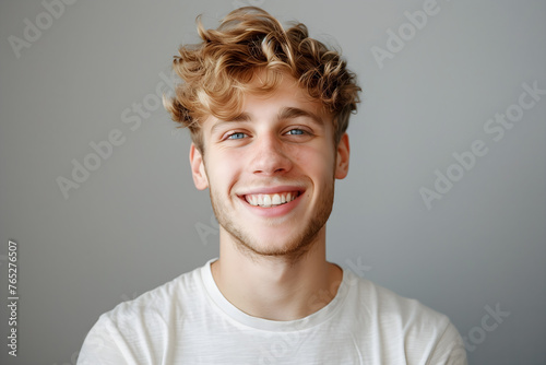 Confident young man with charming smile on clean background. Positive human expressions