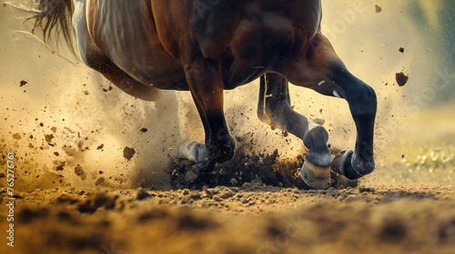 A close-up of a horse's powerful muscles as it gallops through a field, kicking up dust