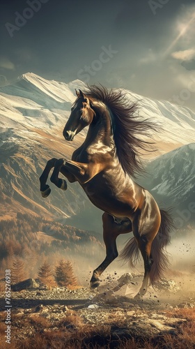 A horse rearing up on its hind legs, mane billowing in the wind, against a backdrop of mountains