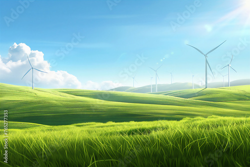 green field and wind turbines