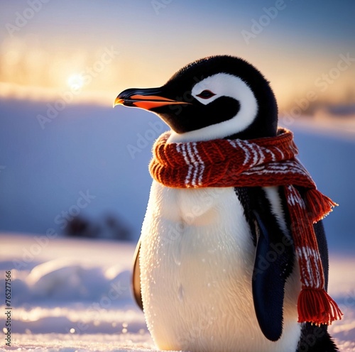 a penguin in a warm hat and scarf, standing in the snow, setting in the sun in winter. 