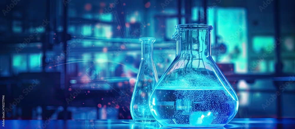 Two drinkware containers filled with electric blue liquid are placed on a laboratory table. The transparent glass beakers hold a scientific fluid Two drinkware containers filled with electric blue liquid are placed on a laboratory table. The transparent glass beakers hold a scientific fluid