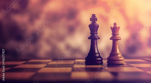 Schachfiguren auf einem Schachbrett, Handgefertigtes edles Schachbrett, Textfreiraum photo