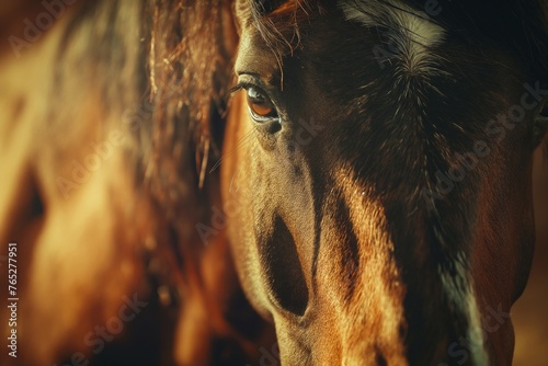 A close-up of a horse's face, nostrils flaring and eyes sparkling with intelligence photo