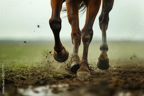 A close-up of a horse's hooves pounding the ground as it races across a grassy plain photo