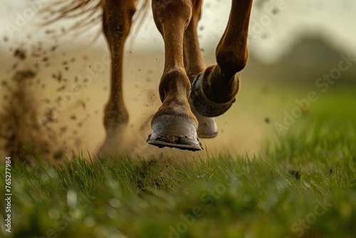 A close-up of a horse's hooves pounding the ground as it races across a grassy plain