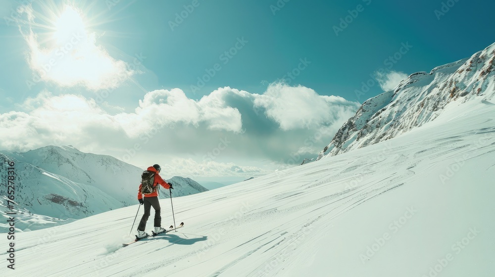 mountain skier Prepare your skis and a sunny day. The concept of winter holidays