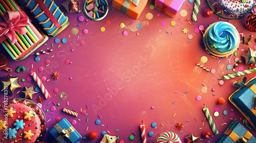 A colorful background with a cake, cupcake, and other confections