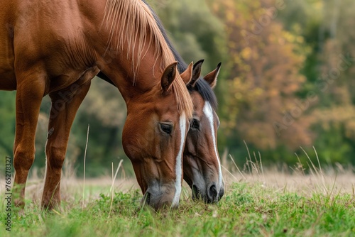 A pair of horses standing side by side  heads lowered as they graze peacefully on fresh grass